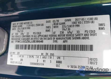 2020 Ford Escape Titanium Hybrid from USA, damaged, VIN 1FMCU0DZ8LUB38646